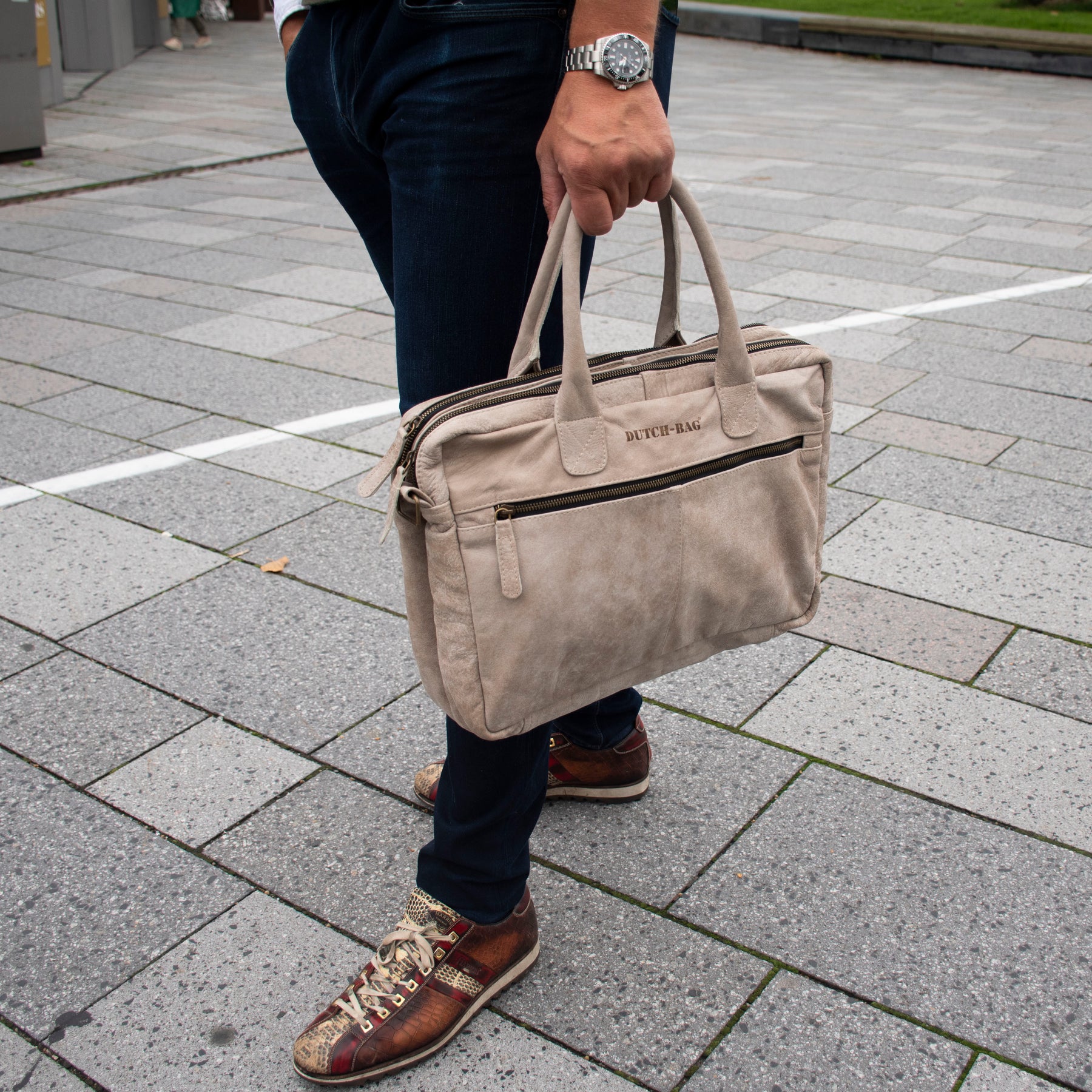 Amsterdam Leren Laptoptas 17 Inch Sand - Concrete Leder