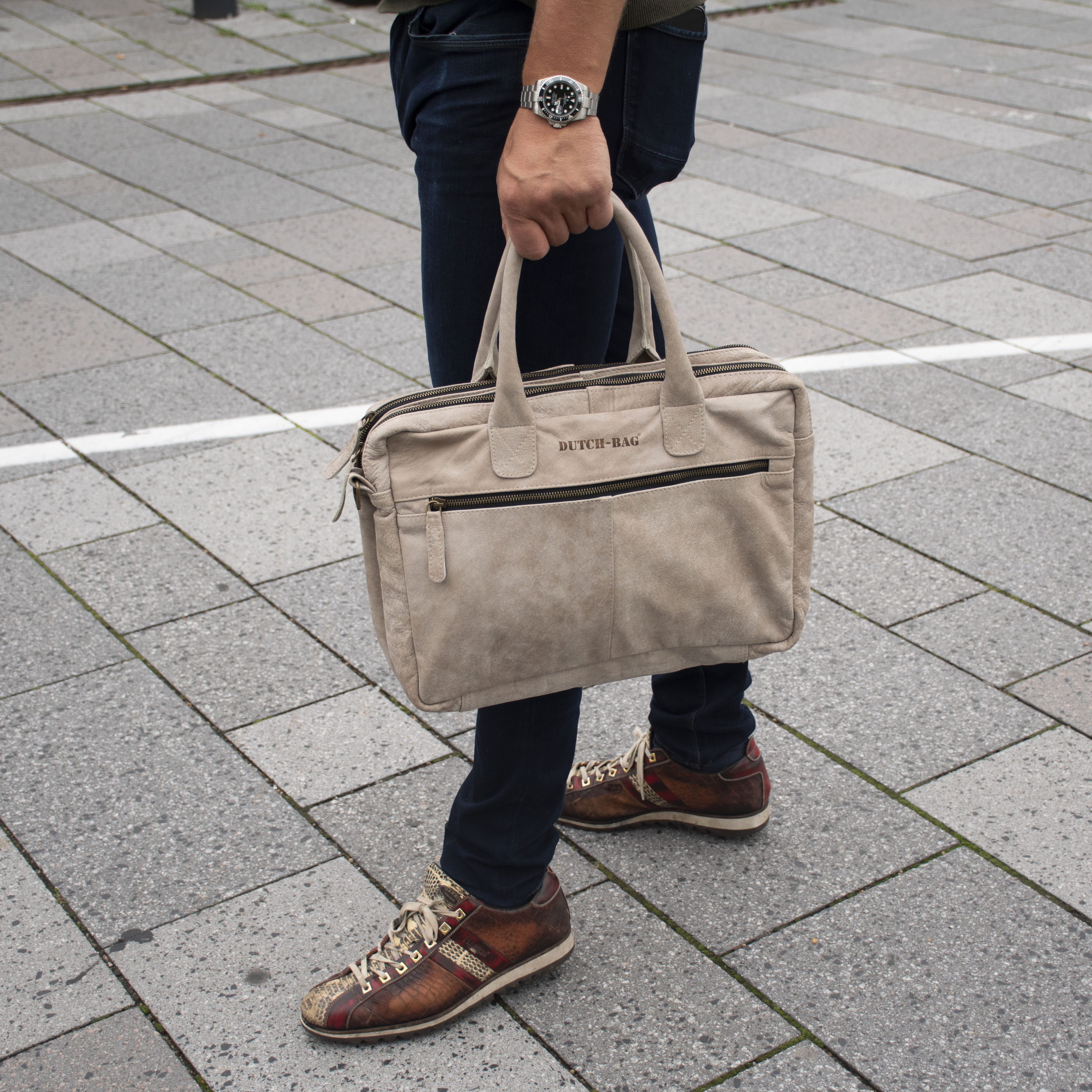 Amsterdam Leren Laptoptas 17 Inch Sand - Concrete Leder